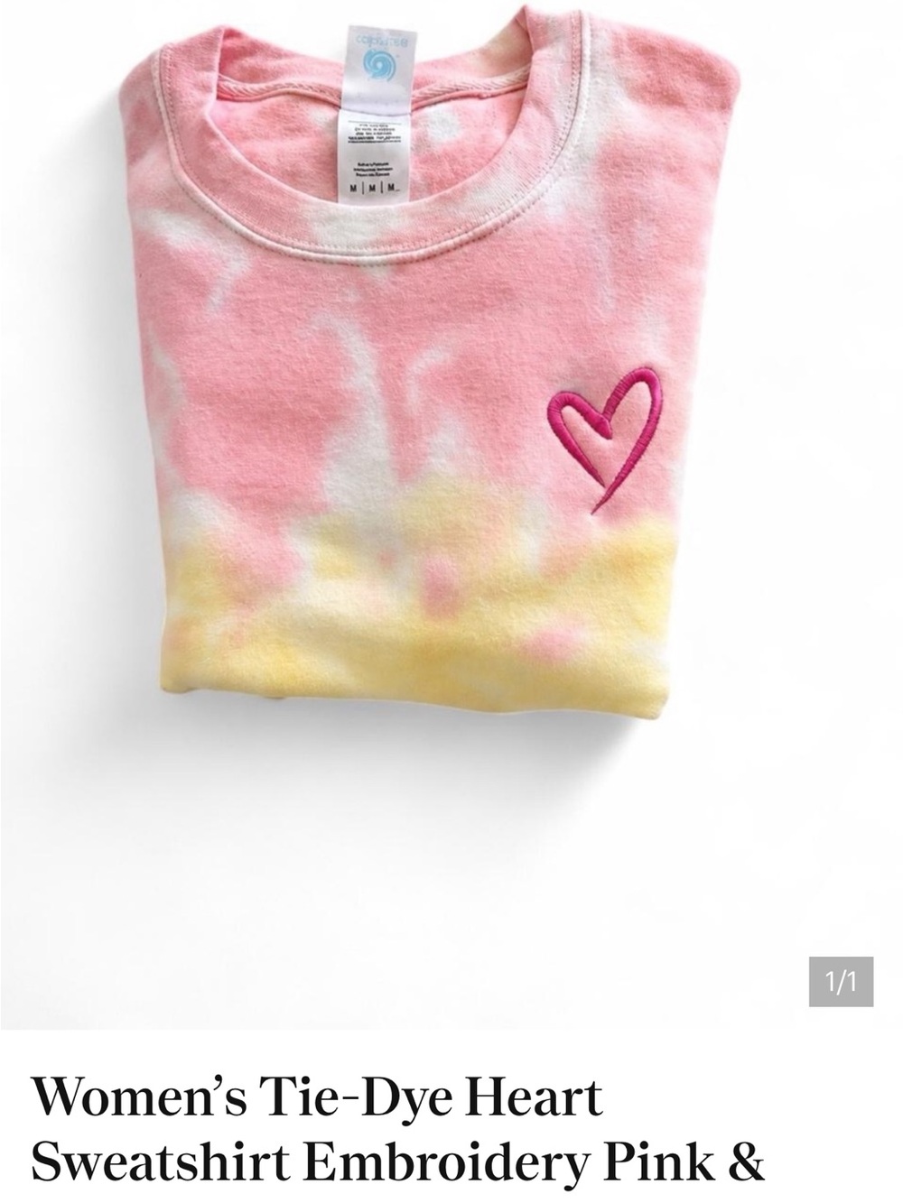 Women’s Tie-Dye Heart Sweatshirt Embroidery Pink & Yellow - Picture 2 of 2